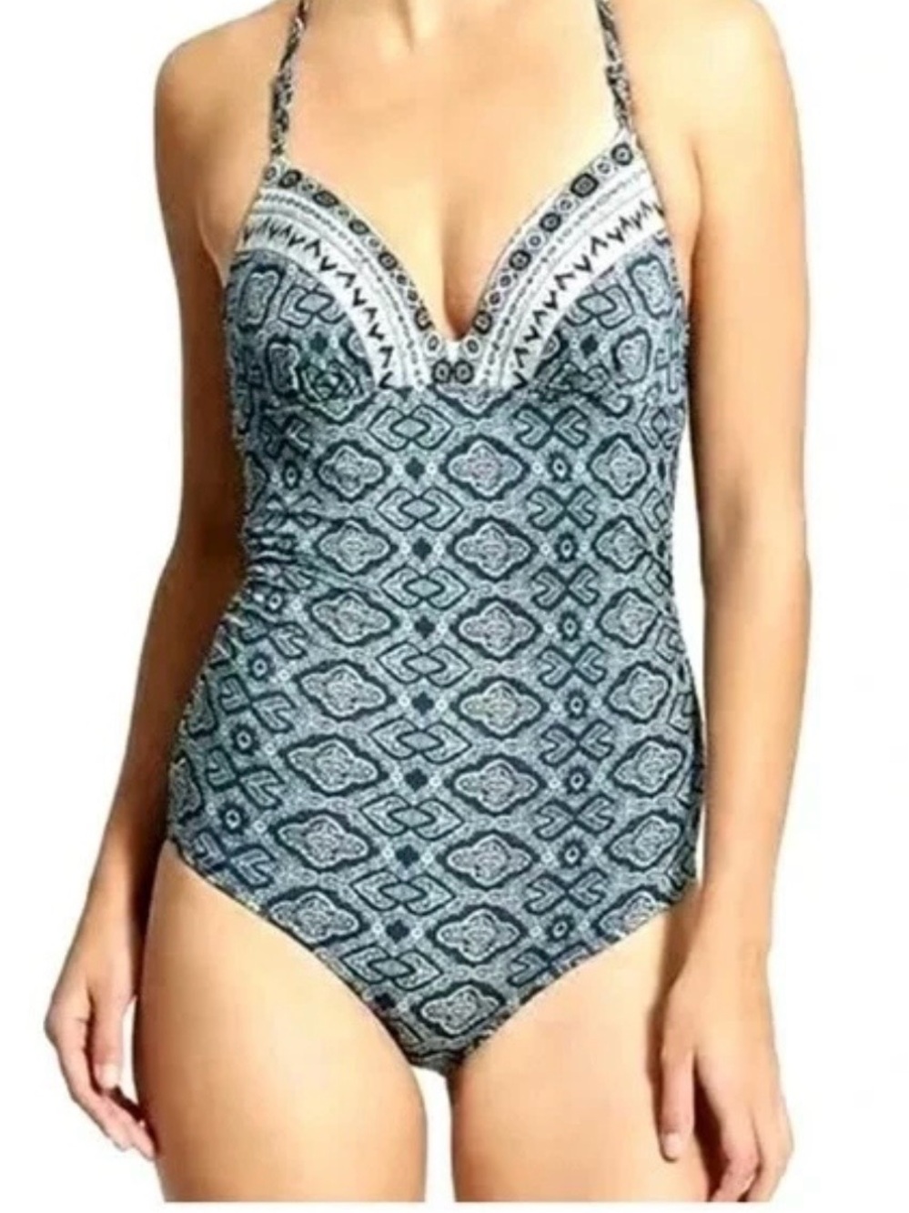 Athleta Aqualuxe Swim Suit Print Molded One Piece NWT XS Navy/Teal Mosaic Print